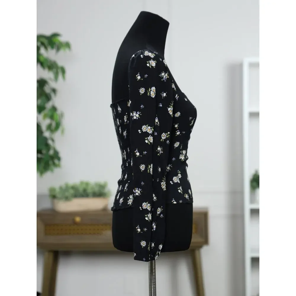 Romantic French Girl Black Ditsy Floral Print Reformation Puff Sleeve Top Size 4